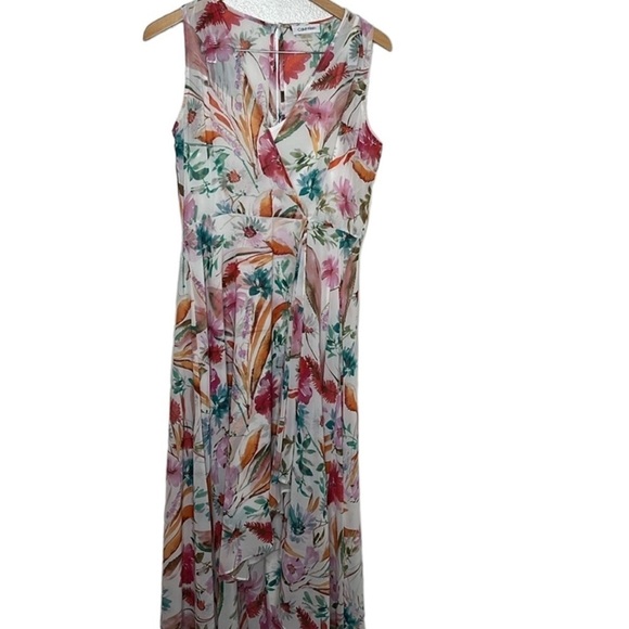 Calvin Klein Pink Floral Drapey Sleeveless Chiffon Dress Women Size 6 - Picture 1 of 9